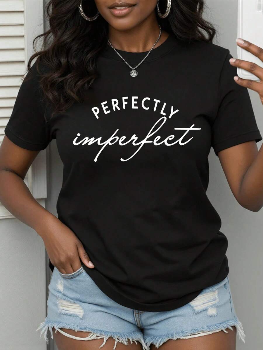 Short Sleeves. Inspirational Phrase Celebrating The Beauty Of Embracing Imperfections And Inner Strength With A Modern Twist. Casual Women's T-Shirt With Motivational Print, Comfortable For Everyday Wear. Leisure - 黑色 - 查看 1