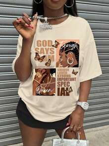 Women's Plus Size Summer Casual T-Shirt With Letter And Portrait Print, Round Neck, Versatile, Short Sleeve, Graphic T-Shirts For Women - 杏色 - 查看 1