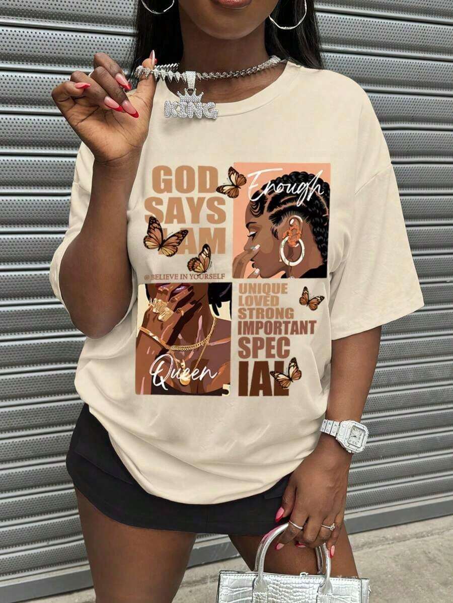 Women's Plus Size Summer Casual T-Shirt With Letter And Portrait Print, Round Neck, Versatile, Short Sleeve, Graphic T-Shirts For Women - 杏色 - 查看 1