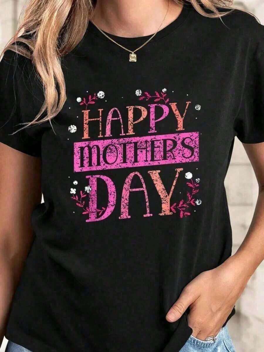 [S-7XL] New Women's Cotton T-Shirt With Graphic Print For Mother's Day In Black With Pink Letters, Floral And Snowflake Design - Lightweight And Breathable Casual Short Sleeve T-Shirt For Spring, Summer And All Year Round Wear, Loose Fit T-Shirt With Medium Elasticity, Ladies' T-Shirts, Best Gift For Mom On Mother's Day. - 黑色 - 查看 1