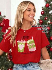 GiftCamia Women's Matcha Latte Print Top - Tea Design, Short Sleeve, Round Neck, Casual Top For Spring, Summer, And Christmas Parties, Iconic Matcha Quotes, Machine Washable, Comfortable Clothing For Fans, Women's Camisoles, Vintage Washed Camisole For Ladies, Valentine's Day Gift, Soft Washed Cotton Camisole With Heart Print, 100% Cotton - 紅色的 - 查看 1