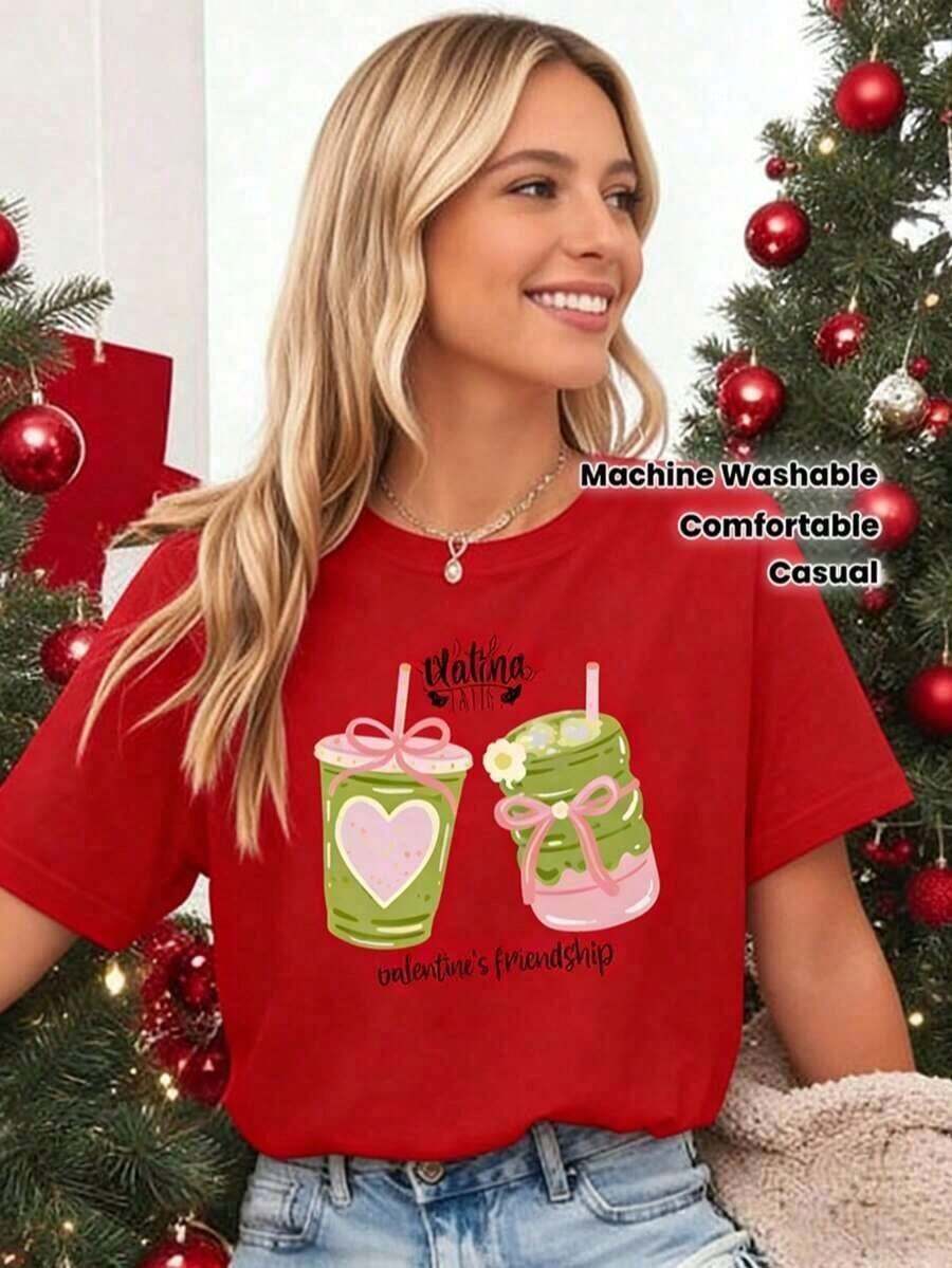 GiftCamia Women's Matcha Latte Print Top - Tea Design, Short Sleeve, Round Neck, Casual Top For Spring, Summer, And Christmas Parties, Iconic Matcha Quotes, Machine Washable, Comfortable Clothing For Fans, Women's Camisoles, Vintage Washed Camisole For Ladies, Valentine's Day Gift, Soft Washed Cotton Camisole With Heart Print, 100% Cotton - 紅色的 - 查看 1