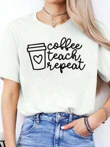 100% Cotton. One Classic And Versatile Piece, Pure Cotton Cropped T-Shirt With A Coffee Print, Perfect For All Seasons. Modern Style. Simple Solid Color Women's T-Shirt, Loose And Fitted Cut, Casual Short Sleeves. - 白色的 - 查看 7
