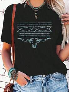 Under The Radar [Printed Pants - Not Denim Fabric] Unisex Black Denim Print T-Shirt – Casual Short Sleeve Design With Bull Skull And Geometric Patterns, Made Of Soft And Breathable Fabric, Offering A Loose Fit Suitable For Both Men And Women – Unisex Cotton Short Sleeve Crew Neck T-Shirt In Vintage Urban Style - 彩色 - 查看 7