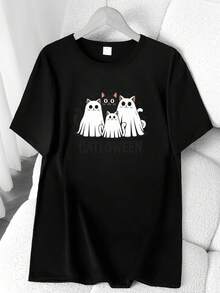 Catloween Feline-Themed Print T-Shirt. Available In 6 Colors, Short Sleeves, Round Neck, High-Stretch Casual Sports Top. Machine Washable. Suitable For Spring And Summer. Can Be Worn In All Seasons. Women's Clothing. Elegant Party Outfit, Stylish Ladies' T-Shirt, Blouses Suitable For Curvy Women, Casual Wear, Cool And Sweat-Free Summer Wear, Fun Letter Print. - 黑色 - 查看 6