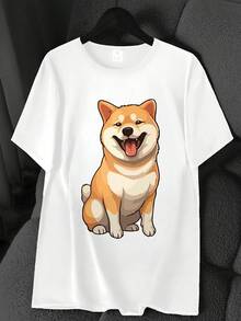 Dog Print T-Shirt. Short Sleeve, Round Neck, High-Elasticity Casual Sports Top. Machine Washable. Spring/Summer. Women's Clothing. Elegant Party Outfit, T-Shirt For Elegant Ladies, Blouses Suitable For Curvy Women, Casual Wear, Cool And Sweat-Free Summer Clothing, Fun Letter Print. - 白色 - 查看 6