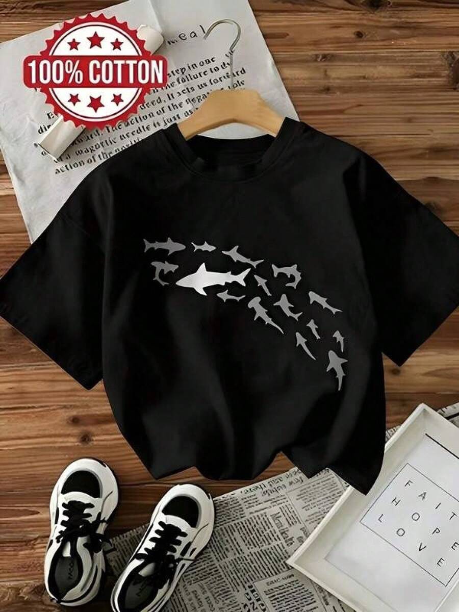 Camiseta negra informal de manga corta con cuello redondo para hombre,Camisetas Para Mujer Camiseta de algodón 100% diseño único tiburones estilo moderno gráfico animal casual playa verano XL negra  urbana - Negro - Ver 1