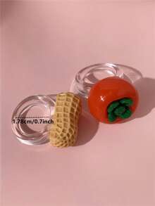 1/2pcs Unique Resin Material Simulated Peanut & Persimmon Shape Rings For Women, Meaning "Good Things Happen", Suitable For Daily Wear, Cute & Fun Jewelry Gift For Mom, Friends - Multicolor - View 4