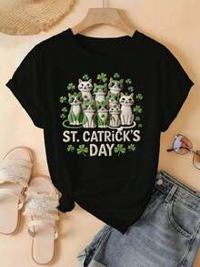 1 Piece Women's T-Shirt ST CATRICK S DAY, Casual, With Embroidered Effect, High Quality Cotton, Soft And Comfortable Fabric, Perfect For Outdoor Activities, Home, Gym, Gift Idea, Best Choice For Holidays, 180g 100% Cotton. - 黑色 - 查看 2
