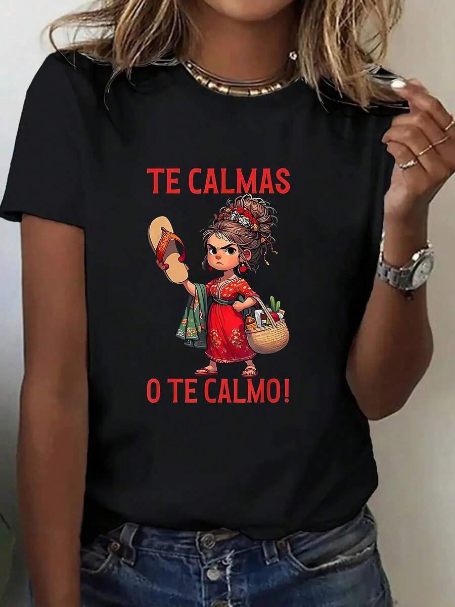 1 Piece, "Calm Down" Printed T-Shirt, Women's Seasonal Casual T-Shirt, Short Sleeve Round Neck T-Shirt, For Outdoor Sports, Holiday Gift. - 黑色 - 查看 1