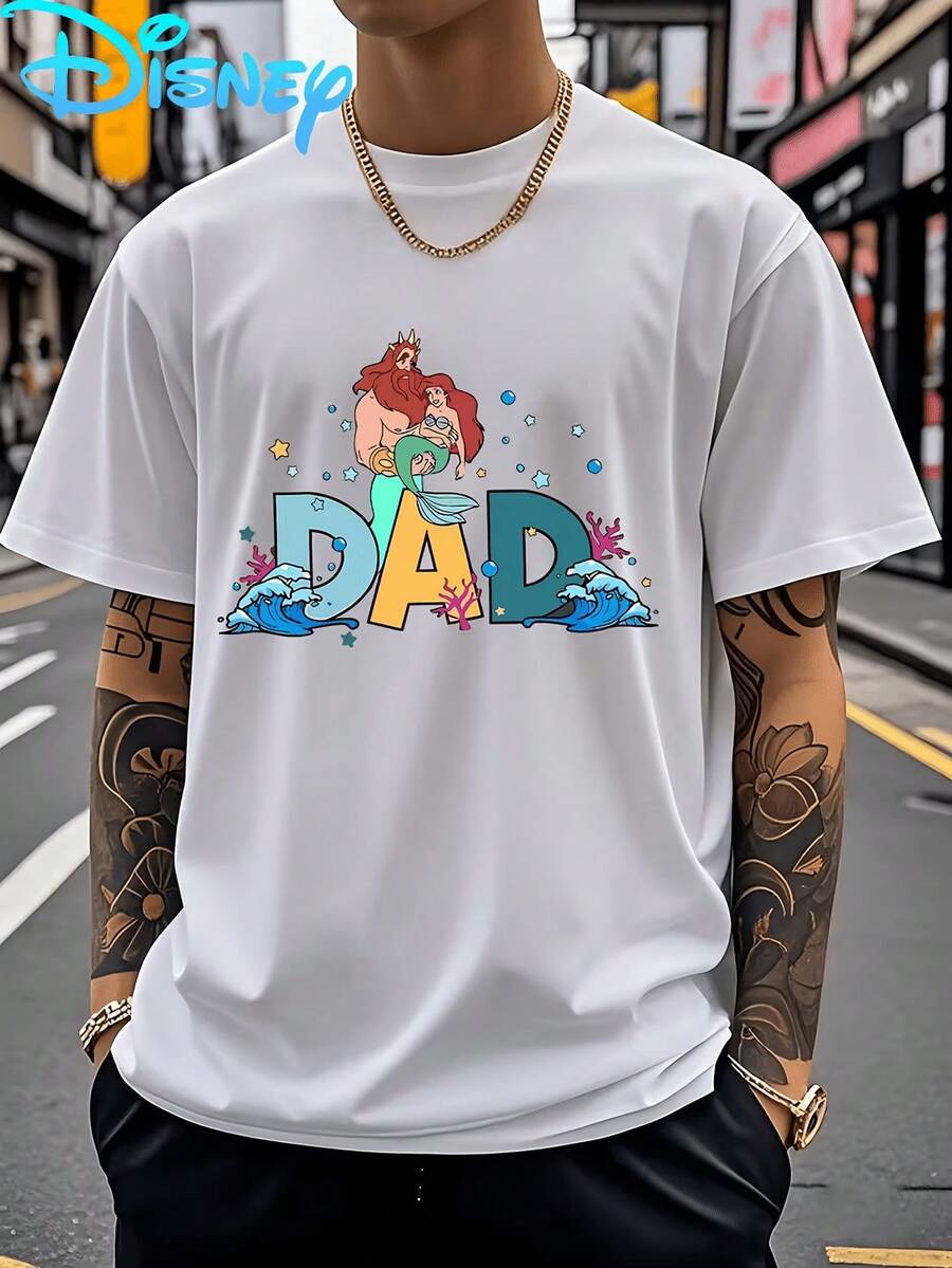 (Disney Licensed)Disney The Little Mermaid1 Ariel & King Triton "DAD" Graphic Tee Men's Oversized Crew Neck Short Sleeve T-Shirt, Casual Streetwear With Underwater Waves Print, Ocean Father's Day Themed Loose Fit Casual Top, Mens Clothes, Men, Ropa De Hombre, Summer Clothes, Men Shirts, Graphic Tees, Disney Outfits Men, Graphic Tees, Camisetas Para Hombre, Camisas Para Hombre, Summer Outfits For Men, Father's Day Gift, Perfect Gift For Family And Friends, Which Are Necessary For Birthday Parties, Disney Shirts, Mens Clothes, Summer Clothes, Officially Licensed Disney T-Shirts, Disney Men's And Women's Spring/Summer Fashion Casual Short-Sleeve T-Shirts - White - View 1