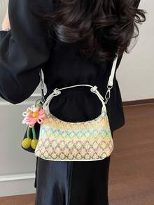 Bolso de mano de piel de serpiente sintética tejida de unicolor de cuero de PU, estilo minimalista, de moda y versátil, viene con un dije de patrón aleatorio - Multicolor - Ver 6