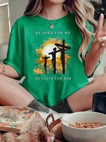 Short-Sleeve Black T-Shirt With Christian Phrase "He Died For Me" And Graphic Of Jesus On The Cross, Faith And Religious Scripture T-Shirt, Oversized Loose Praise Blouse, Christian Gift Tops, Cute Blouses, 100% Cotton - 綠色的 - 查看 5