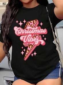 Women's T-Shirt With Pink Leopard Print And Christmas Branch Design, Fashionable Festive T-Shirt For Women, Christmas Gift Idea - 黑色 - 查看 7