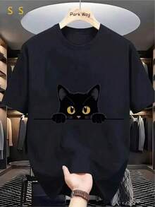 1pc Women's T-Shirt Funny Black T-Shirt Lovely Cat Original Design Simple Casual For Cat Lovers Different Occasions Modern Comfortable Fit Current Fashion Popular Keywords Unique Cotton Short Sleeve T-Shirt - 黑色 - 查看 6