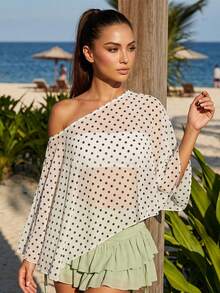 Blusa Transparente para  con Lunares, Hombro Descubierto y Manga 3/4, Ligera para Capas y Uso Diario de Verano - Blanco - Ver 3