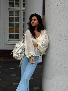 Women T-shirt, Long Sleeve Low-cut Pleated Tie-up See-through Solid Loose Sheer Tops Clubwear - Blanco - Ver 4