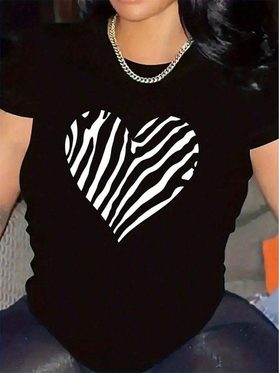 Plus Size Women's Fashion T-Shirt, Heart Design With Zebra Print, Short Sleeve, Durable Polyester Fabric, Perfect For Casual Wear In The Dining Room Or Living Room, Comfortable And Stylish Top, Ideal Gift For Fashion Lovers - 黑色 - 查看 1