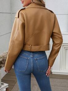 Women's Solid Color Minimalist Casual Zip-Up Short Jacket - Brown - View 9