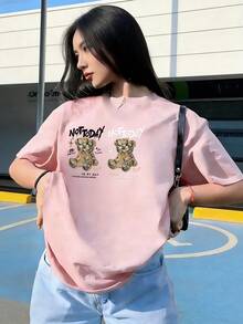 Money Bear T-Shirt With "NOT TODAY" Text, Fashionable Short-Sleeved T-Shirt For Spring And Summer 2026, Made In Mexico, 180 Grams. Cartoon Print, Couple Design, Suitable For Indoor Or Outdoor Wear. Crew Neck, Unisex, Ideal For Office And Leisure. One-Pack. - PK-P631577SLNDXZGY579 - 查看 2