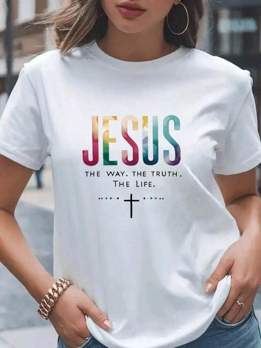 White T-Shirt With Jesus, The Way, The Truth, The Life And Rainbow Cross Print, Christian Declaration Of Faith, Casual Women's Clothing, Everyday Wear, Church Events, Casual Short Sleeve T-Shirt - 白色的 - 查看 1