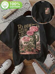|   Diseño exquisito |   Suelto y cómodo |   Fácil de combinar | [Impresión a Doble Cara] Top de Moda para Mujer, Ropa de Verano para Mujer, Estilo Vintage, Estampado de Rosas y Cactus, Cuello Redondo, Camiseta de Manga Corta de Algodón Puro - Negro - Ver 8