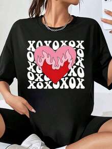 Women's Oversized T-Shirt With Heart And Flame Graphic Xoxo, Casual Valentine's Day Wear, Romantic And Cute Top - 黑色 - 查看 7