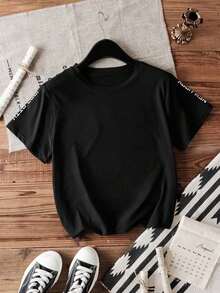 Camiseta gráfica informal de cuello redondo y manga corta con estampado de coche y letras para mujer - Negro - Ver 2