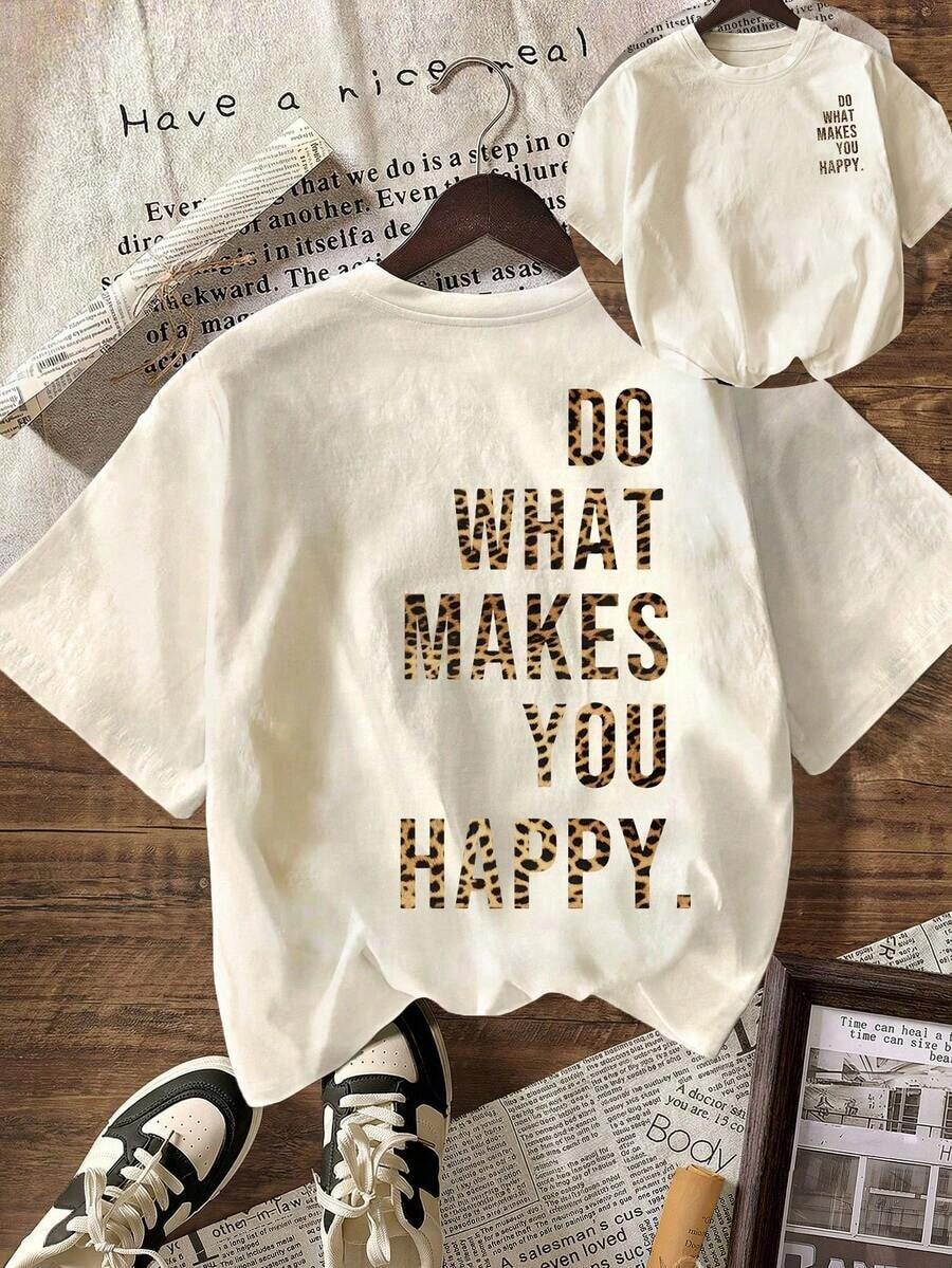 Camiseta con Estampado de Leopardo "Haz lo que te haga feliz", Ropa Casual de Verano para Mujer, Cuello Redondo, Manga Corta, para Vacaciones en la Playa - Albaricoque 5 - Ver 1