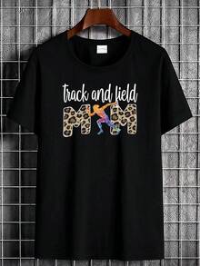Leichtathletik-Mama Grafik-T-Shirt - Unisex Sportliches Design mit Leopardenmuster-Schriftzug & Sprinter-Athleten-Kunst - Atmungsaktives Weiches Gewebe, Lässiges Rundhals-Kurzarm-Oberteil für Sporteltern, Trainer, Athleten - Ganzjahres-Passform (Herren- & Damengröße) - Schwarz - Übersicht 3