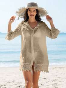 Swim Vcay Kimono cubrecuerpo para damas de un solo color con aplicaciones de encaje y botones delanteros - Caqui - Ver 6