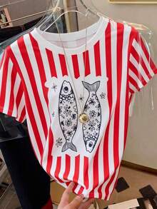 Camiseta de mujer de manga corta con cuello redondo, estampado floral y de uso versátil - Multicolor 6 - Ver 3