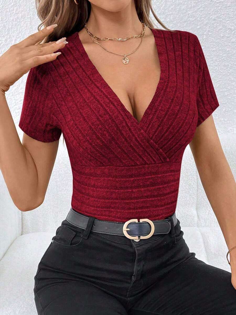 Camiseta de cuello cruzado tejido de canalé - Burdeos - Ver 1
