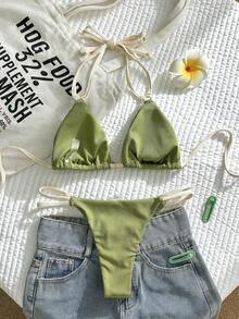 Conjunto de bikini para mujer de color liso con tirantes ajustables y colgante de perla, sexy para el verano - Verde - Ver 2