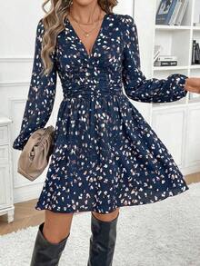 Vestido corto casual sencillo con cuello en V, manga larga, plisado y estampado de todo sobre - Azul marino - Ver 3
