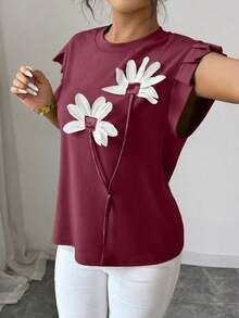 Camiseta casual de mujer con cuello redondo, manga de murciélago plisada y aplicaciones, para verano - Burdeos - Ver 4
