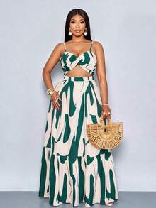 Vestido maxi elegante y casual para mujer de talla grande con estampado floral romántico, sin mangas, con cintura ceñida y nudo, tirantes de espagueti, para vacaciones en la playa, primavera y verano, para el verano en Hawái, vestidos de verano p - Verde Oscuro - Ver 4