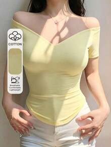 Camiseta de mujer de manga corta, ajustada y de unicolor con hombros descubiertos, top de verano navideño - Amarillo - Ver 5