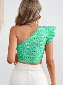 VCAY Parte superior asimétrica de punto impresa corta y entallada para mujer, ideal para vacaciones - Verde - Ver 8