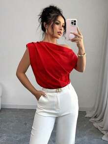 Blusa casual suelta de color liso con pliegues en el hombro oblicuo para mujer - Rojo - Ver 4
