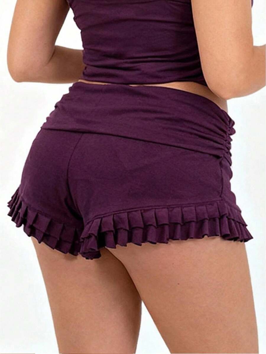 Plus Size Women Ruffle Shorts, Solid Color Fold Over Waist Summer Casual Beach Shorts - Purple - View 1