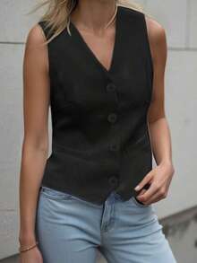 Chaqueta de chaleco con cuello en V de un solo pecho de unicolor para mujer, primavera y verano - Negro - Ver 7