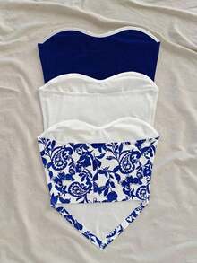 3 Piezas Camiseta corta casual con estampado de mariposa y diseño, bajo asimétrico, apta para vacaciones, playa, verano - Azul y blanco - Ver 2