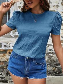 Blusa de manga corta con textura sólida y mangas tipo farol  VCAY - Niebla azul - Ver 1