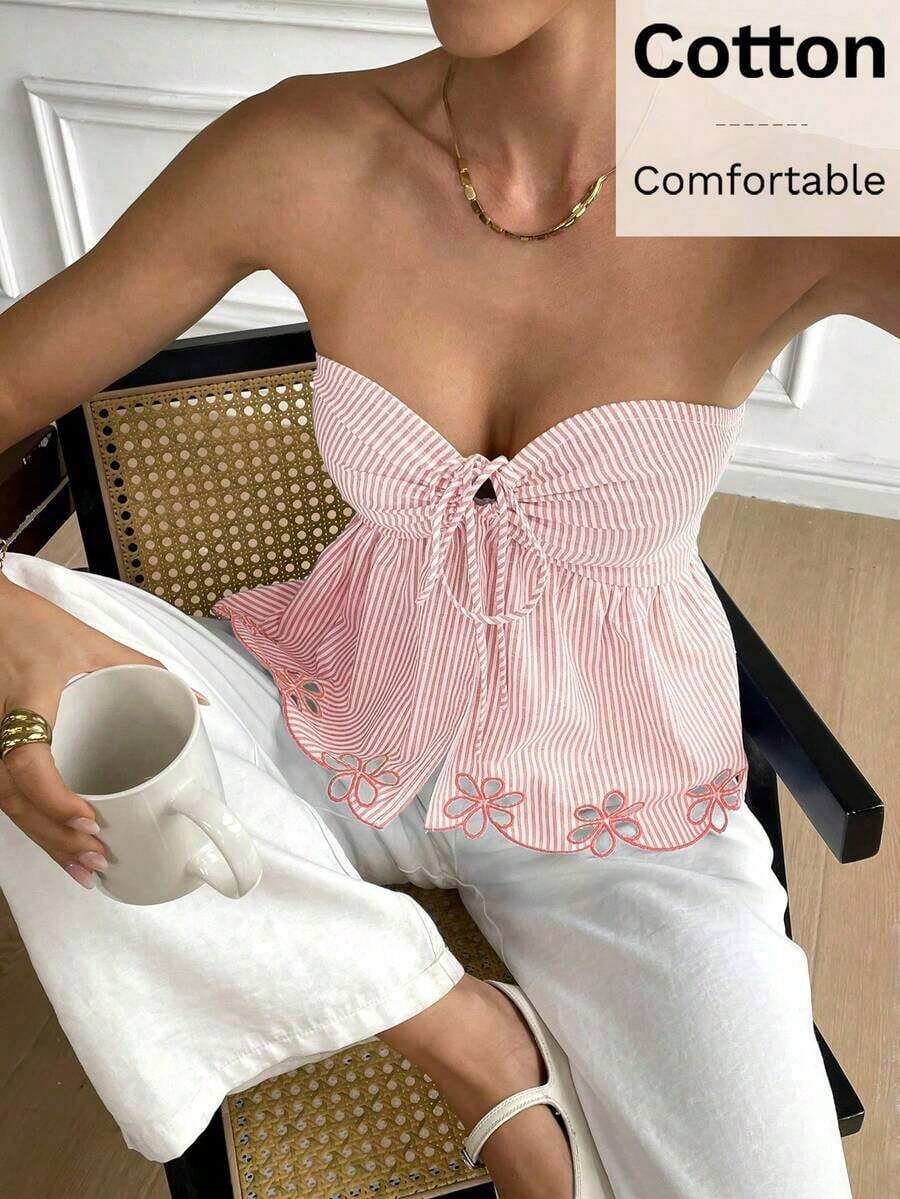Top camisole de mujer con estampado, bordado y rayas, ideal para vacaciones con lazo delantero - Rosa Pálido - Ver 1