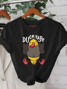 Limited Time Offer, Limited Quantities, Flash ! Women's Casual Shirts, Women's Polyester T-Shirts, Elegant Shirts. Creative Duck Design T-Shirt | Stylish And Fashionable Korean Casual T-Shirt For Spring/Summer, Regular Length, Crew Neck - 黑色 - 查看 9