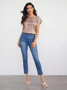 Clasi Top de manga murciélago de leopardo jacquard de satén - Rosa vieja - Ver 4