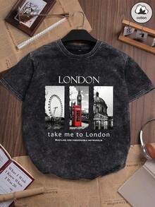 Camiseta gráfica de algodón de verano para mujer con estampado divertido "Arquitectura de Londres", estilo callejero retro coreano chic Y2K, camiseta negra ajustada de cuello redondo de manga corta lavada con estilo punk de nicho - Negro - Ver 1