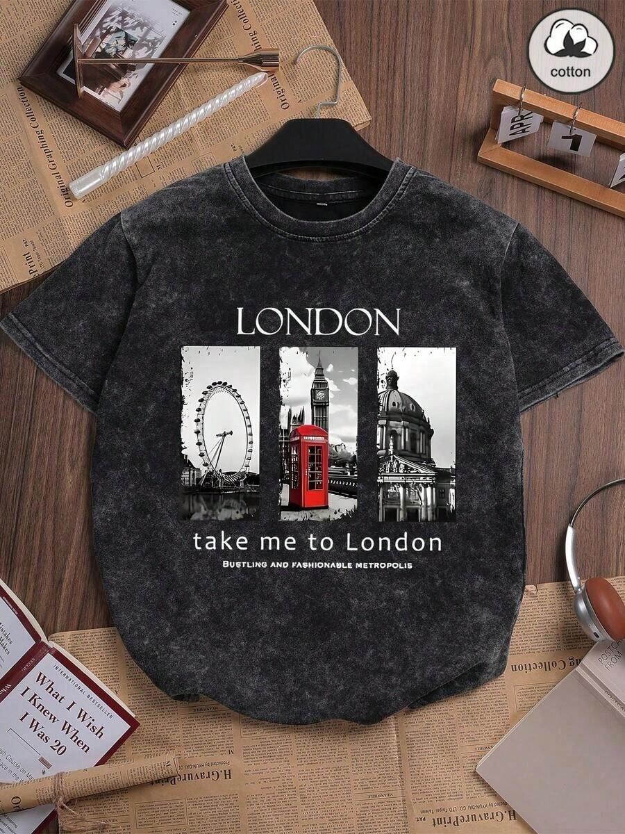 Camiseta gráfica de algodón de verano para mujer con estampado divertido "Arquitectura de Londres", estilo callejero retro coreano chic Y2K, camiseta negra ajustada de cuello redondo de manga corta lavada con estilo punk de nicho - Negro - Ver 1