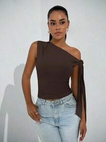 Elegante blusa de mujer con hombros asimétricos y cuello con lazo, adecuada para citas casuales, fiestas nocturnas, uso diario, otoño - Café integral - Ver 8